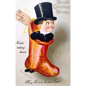 Christmas Postcard Ellen Clapsaddle Signed Monocle Boy Inside Stocking Ser 107
